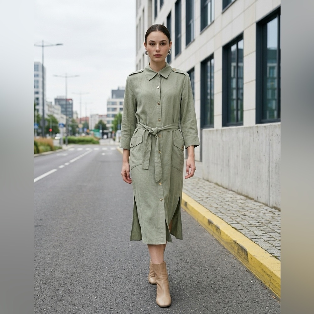 Zara S 4-6 Khaki Green Maxi Shirt Dress Linen Blend Military Utility Pockets - Picture 2 of 4